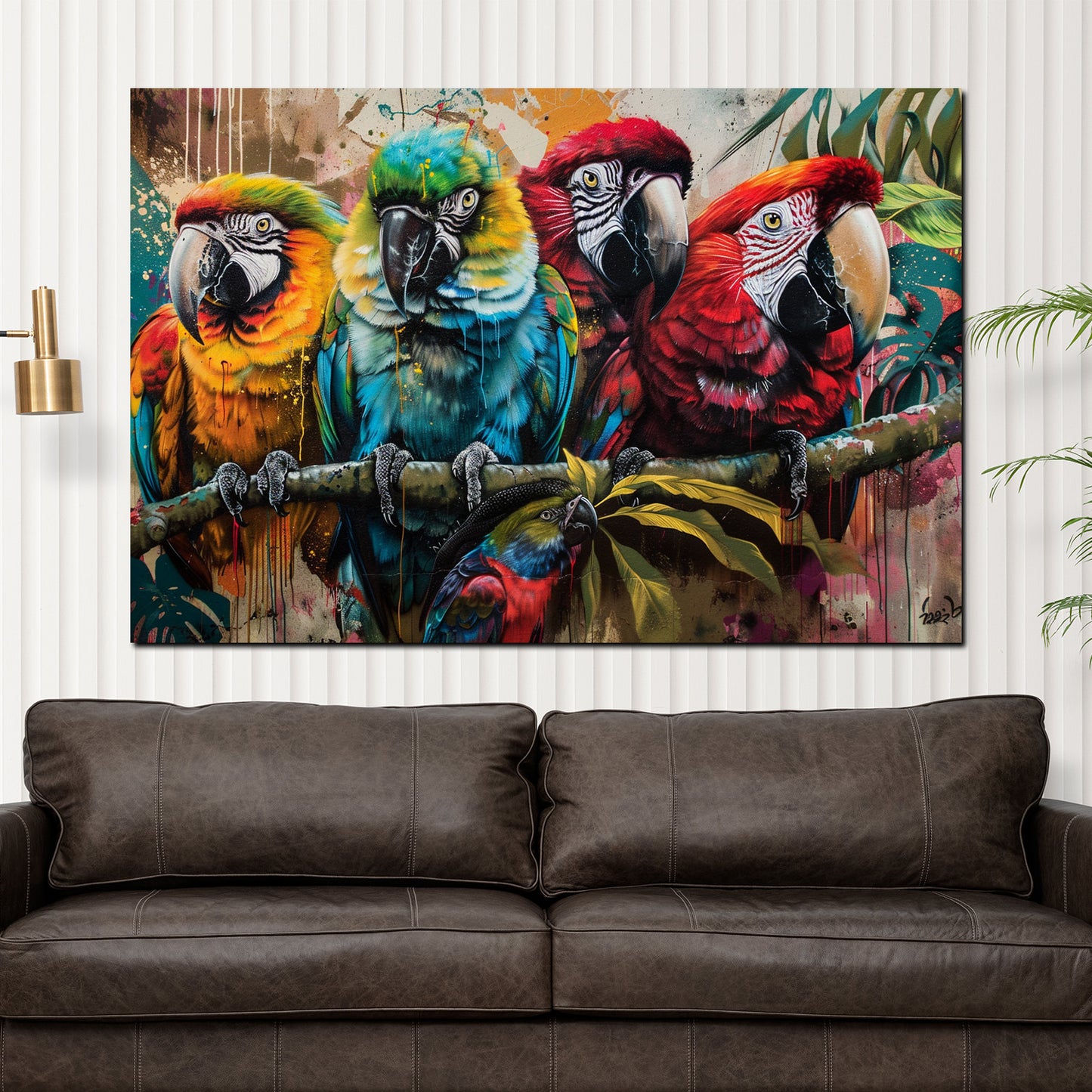 Wandbild Kunstwerk Pop Art Papageien farbenfroh auf Ast