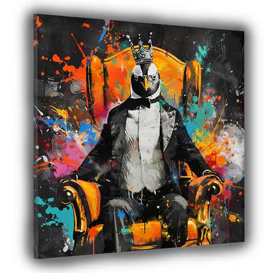 Wandbild Kunstwerk Pop Art Pinguin im Anzug auf Thron modern