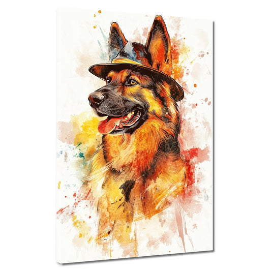 Wandbild Kunstwerk Pop Art Schäferhund mit Hut bunt