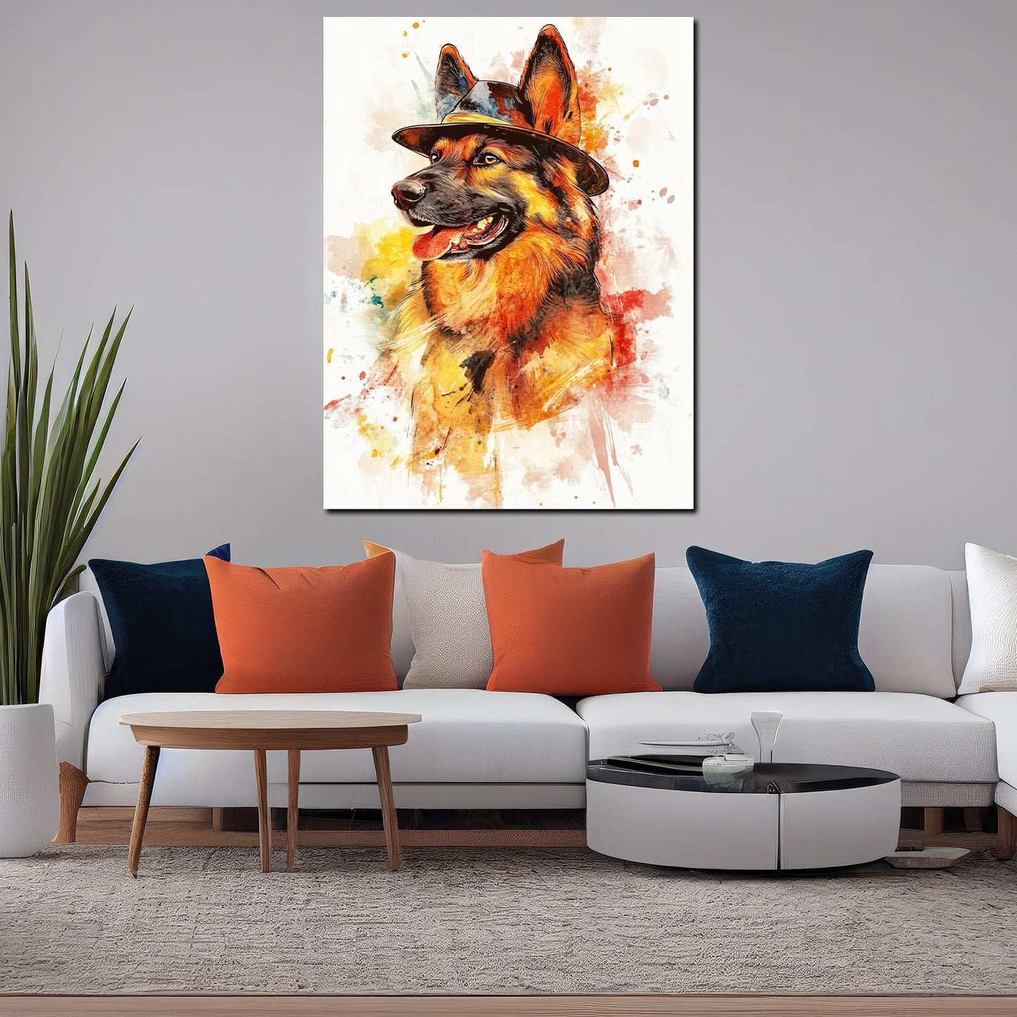 Wandbild Kunstwerk Pop Art Schäferhund mit Hut bunt