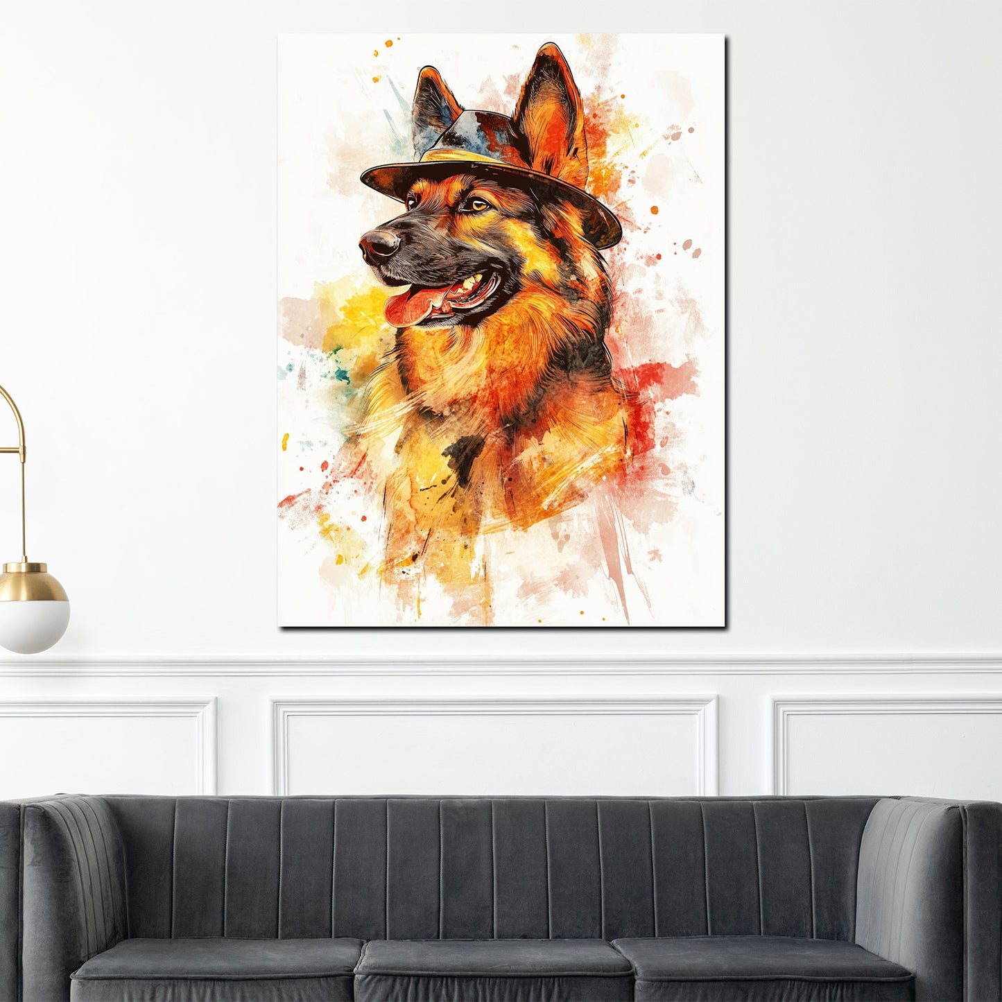 Wandbild Kunstwerk Pop Art Schäferhund mit Hut bunt