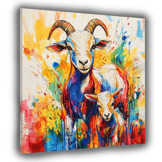 Wandbild Kunstwerk Pop Art Ziege und Kitz farbenfroh lebendig