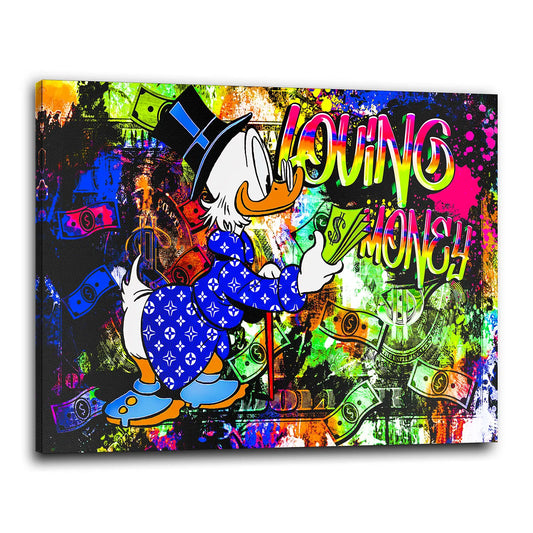 Rich Duck Loving Money, Comic Wandbild Kunstwerk