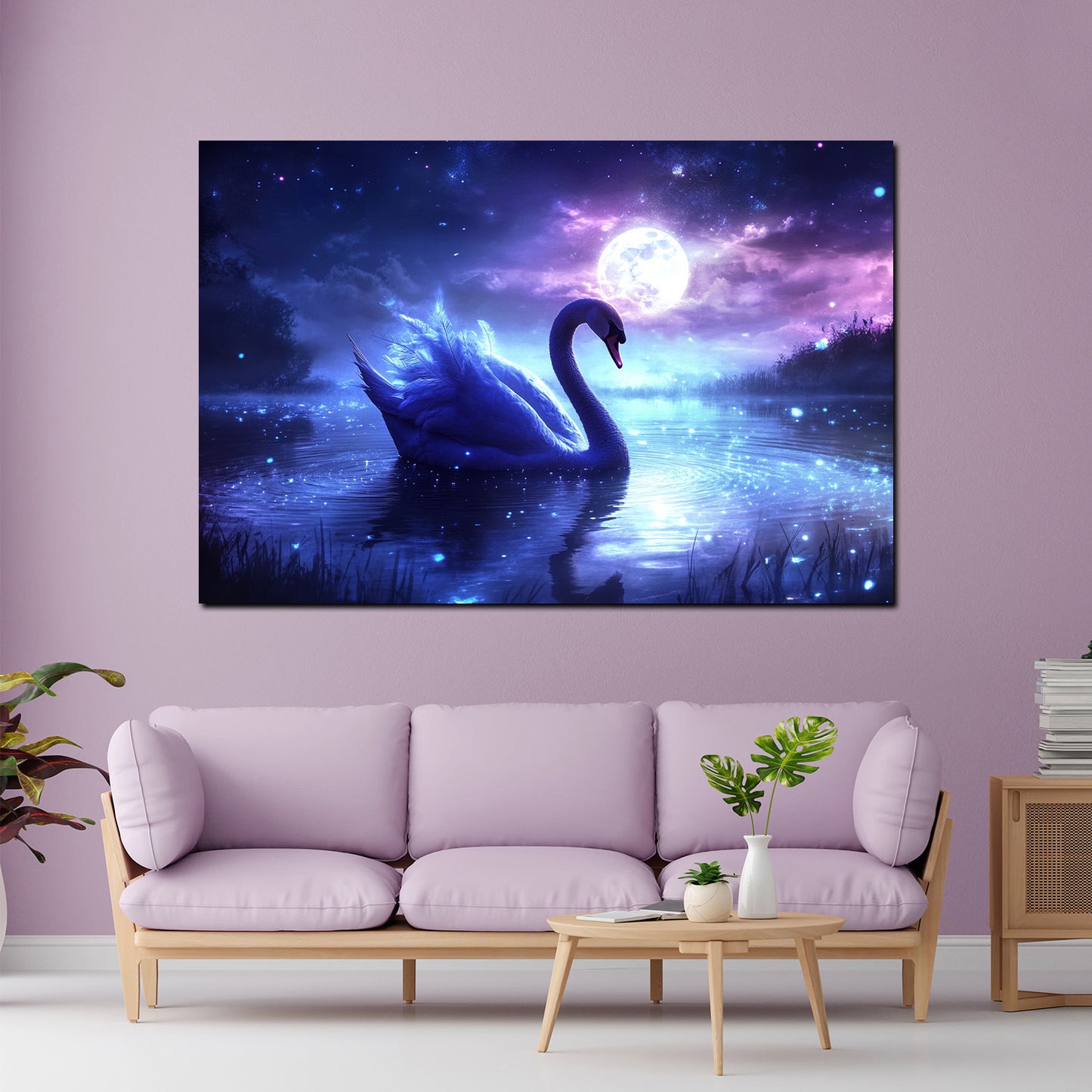 Wandbild Kunstwerk Schwan Mondlicht Zauber bei Nacht Naturstil modern