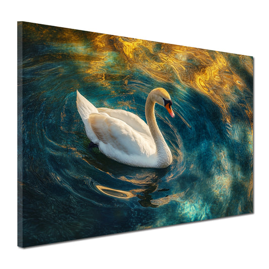 Wandbild Kunstwerk Schwan Wasser Blau Gold Lichtspiel Eleganz modern