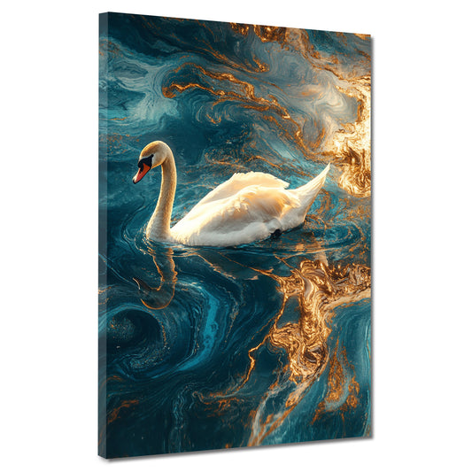 Wandbild Kunstwerk Schwan Wasser Gold Blau Anmut Stil modern