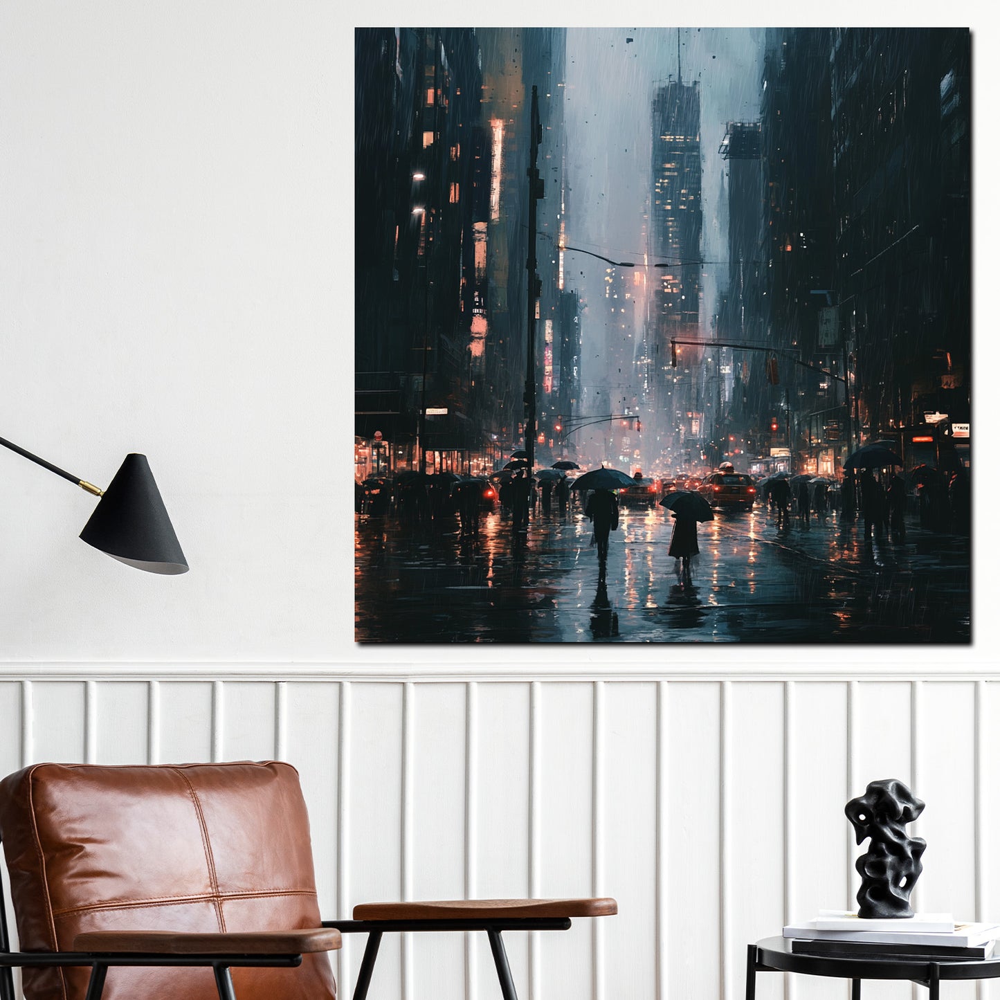 Wandbild Kunstwerk Stadt New York Regenszene Großstadtbeleuchtung modern