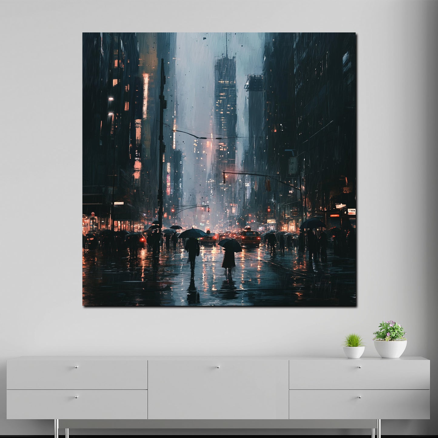 Wandbild Kunstwerk Stadt New York Regenszene Großstadtbeleuchtung modern