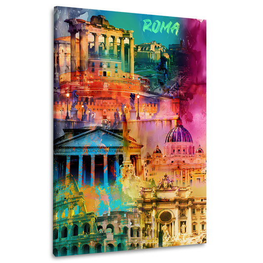 Wandbild Kunstwerk Stadtansicht Rom mit Pantheon und Engelsburg
