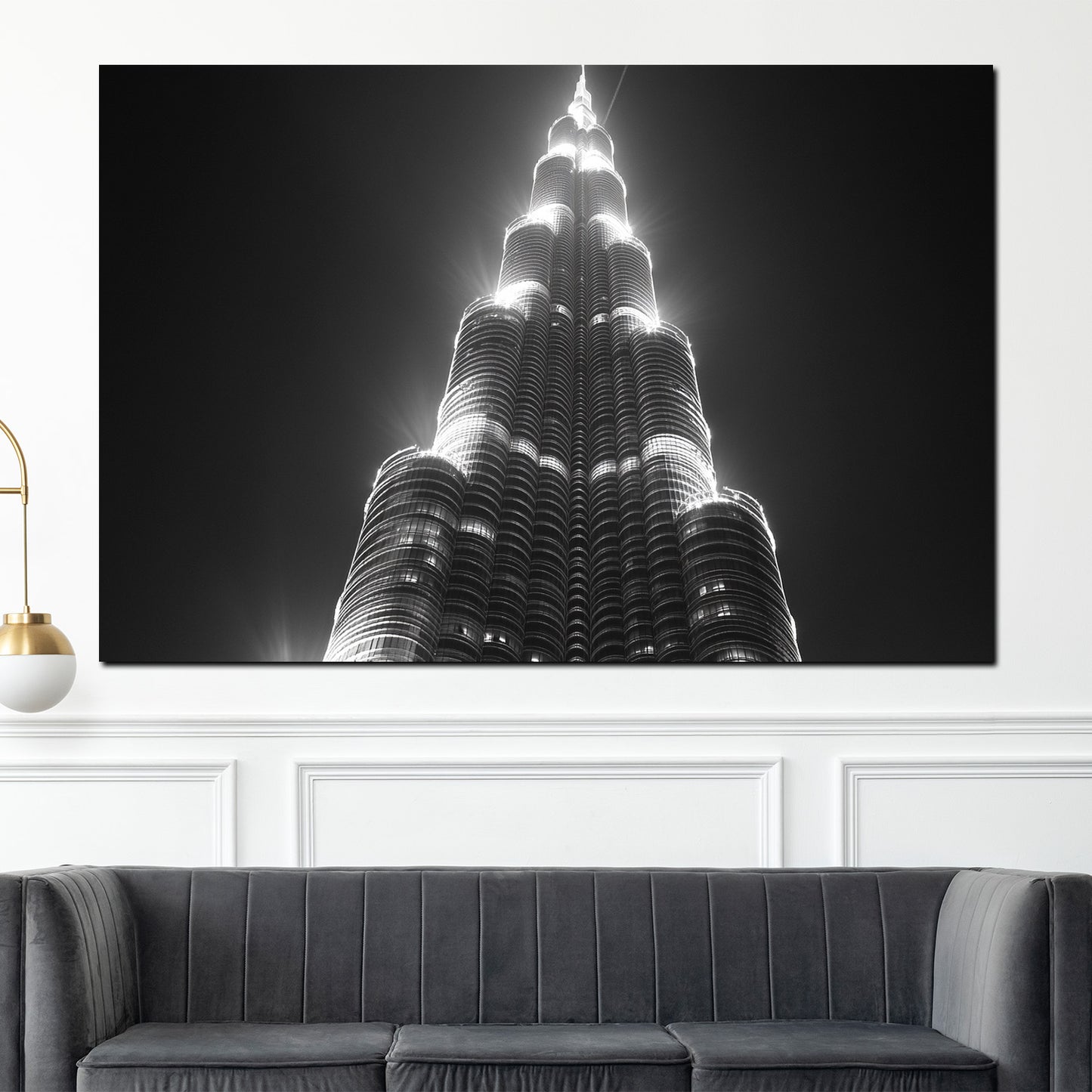 Wandbild Kunstwerk Städte Dubai Hochhaus Burj Khalifa Lichtaufnahme schwarz weiß