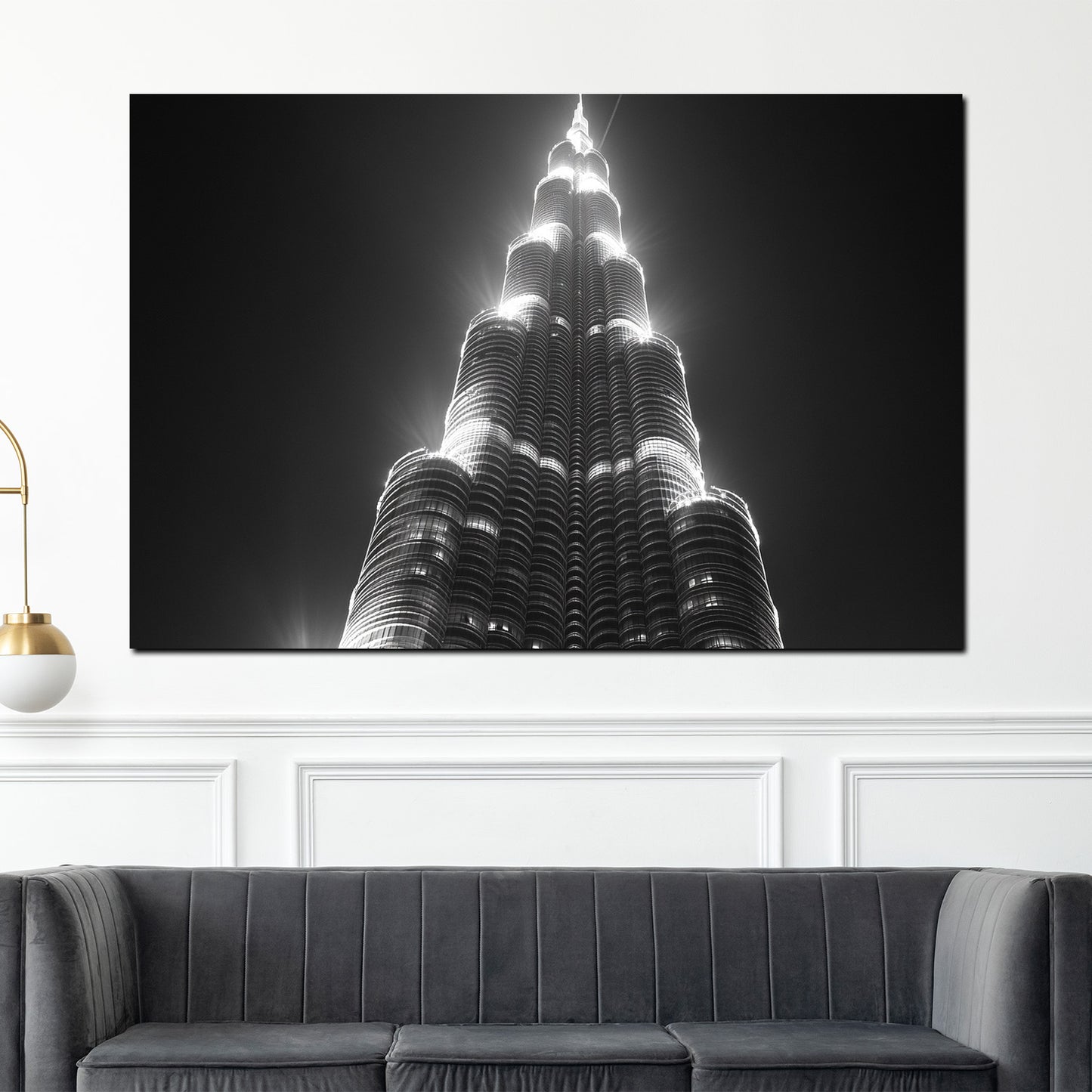 Wandbild Kunstwerk Städte Dubai Hochhaus Burj Khalifa Lichtaufnahme schwarz weiß