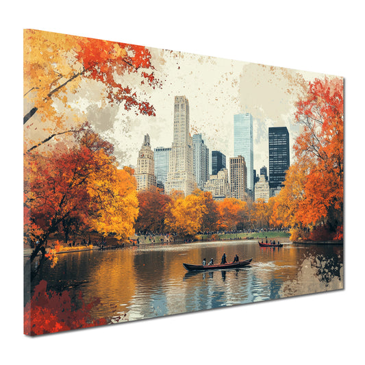 Wandbild Kunstwerk Städte New York Park Boote Herbstfarben Spiegelung
