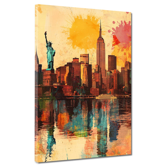 Wandbild Kunstwerk Städte New York Pop Art Stadtansicht Freiheitsstatue Reflexion