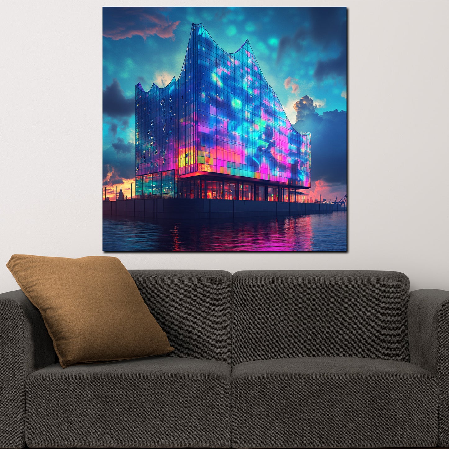 Wandbild Kunstwerk Städte Pop Art Hamburg Elbphilharmonie Glasfassade Abendstimmung