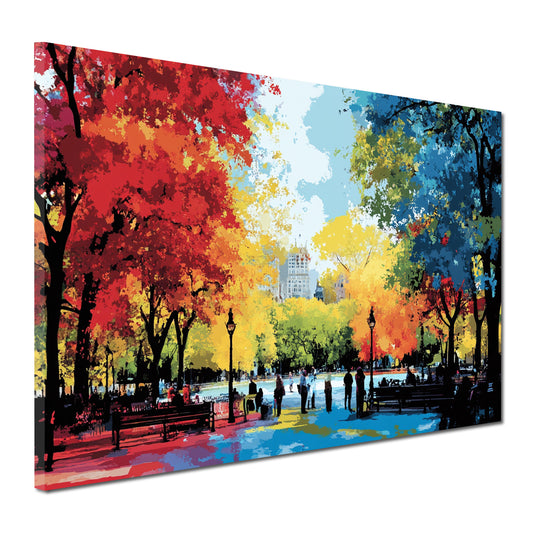 Wandbild Kunstwerk Städte USA Pop Art Park Szene Menschen Natur Farbenspiel Herbst