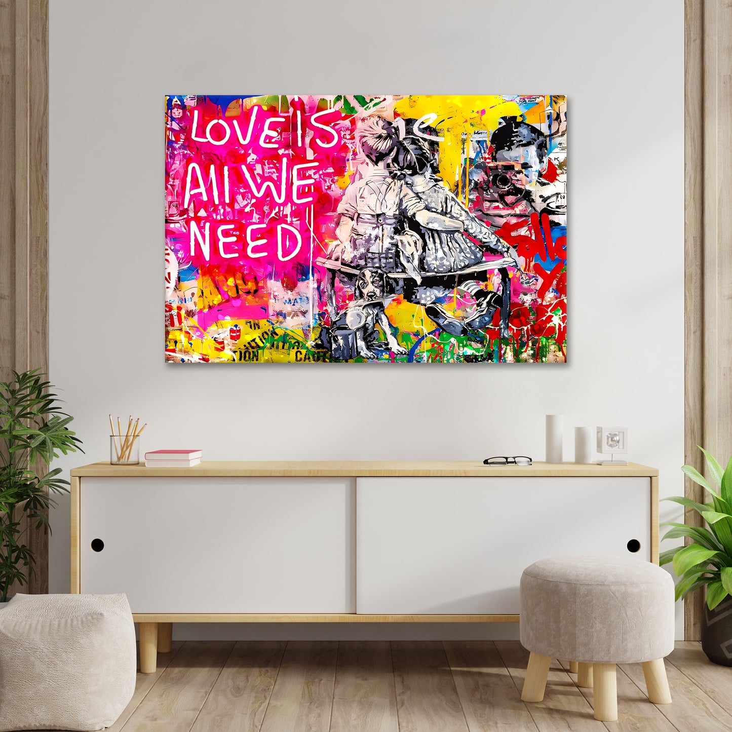 Street Art Style All We Need Is Love, Pop Art Wandbild Kunstwerk