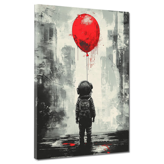 Wandbild Kunstwerk Street Art Kind mit rotem Ballon Kopfhörer