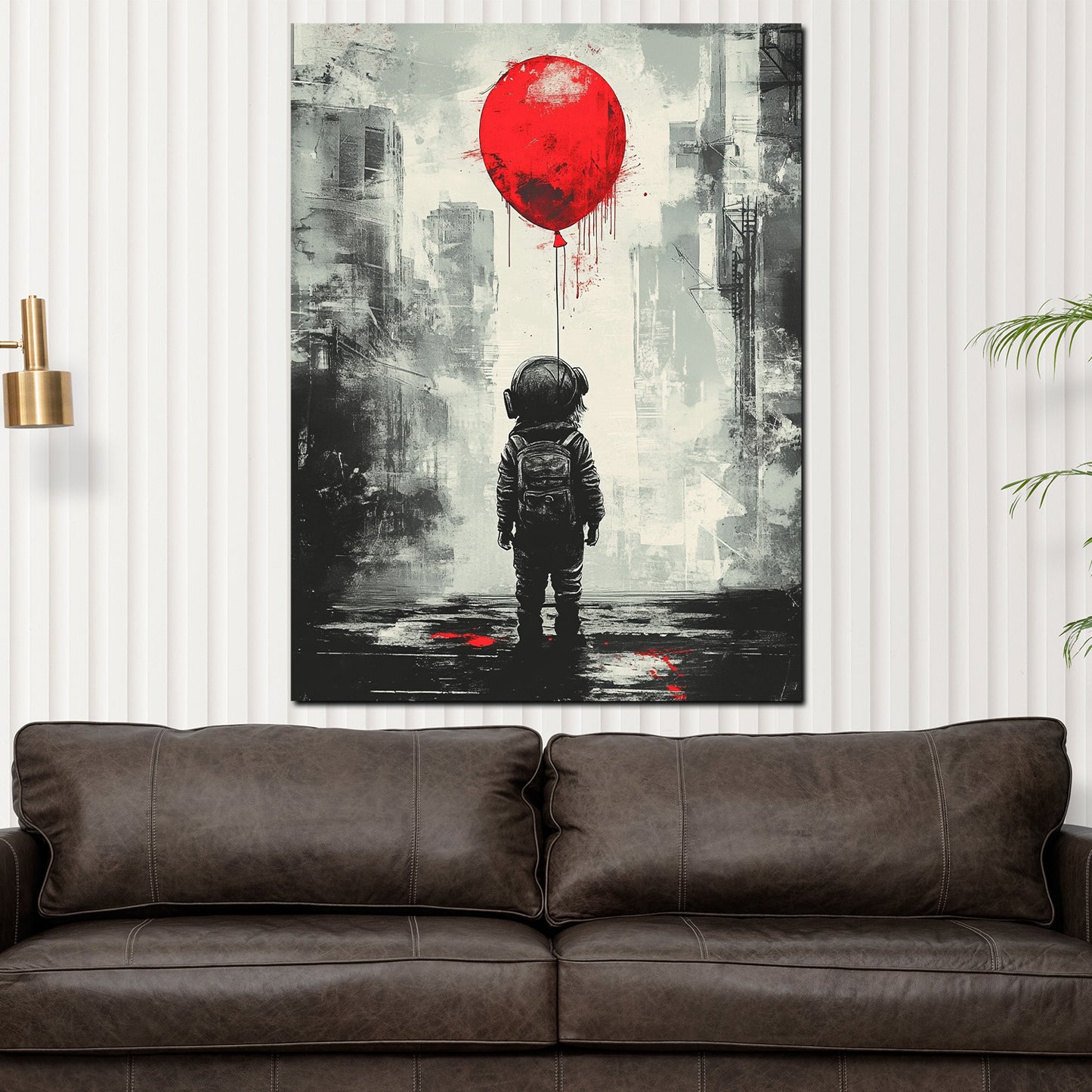 Wandbild Kunstwerk Street Art Kind mit rotem Ballon Kopfhörer