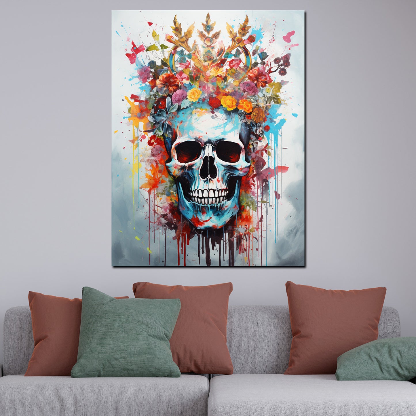 Street Art Totenkopf mit Blumenkrone Wandbild Kunstwerk