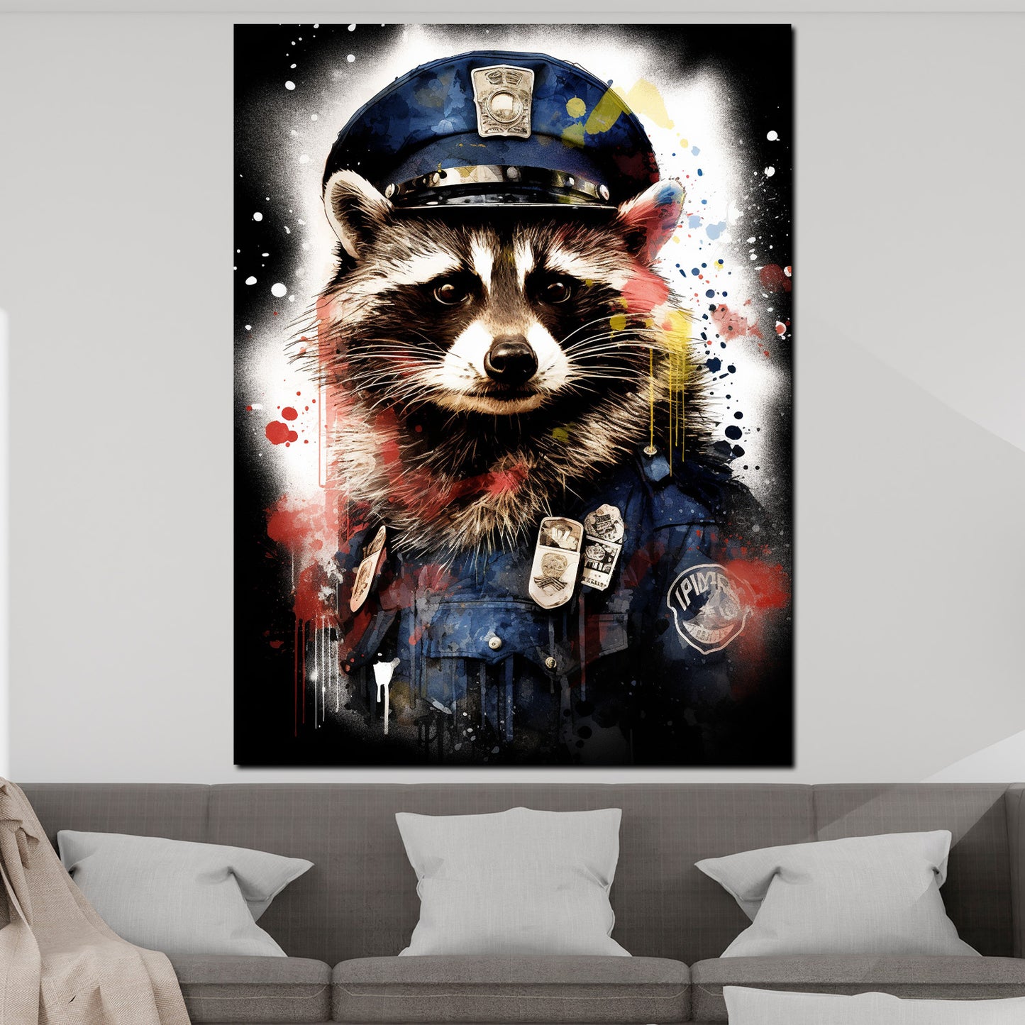Street Art Waschbär in Polizeiuniform Wandbild Kunstwerk