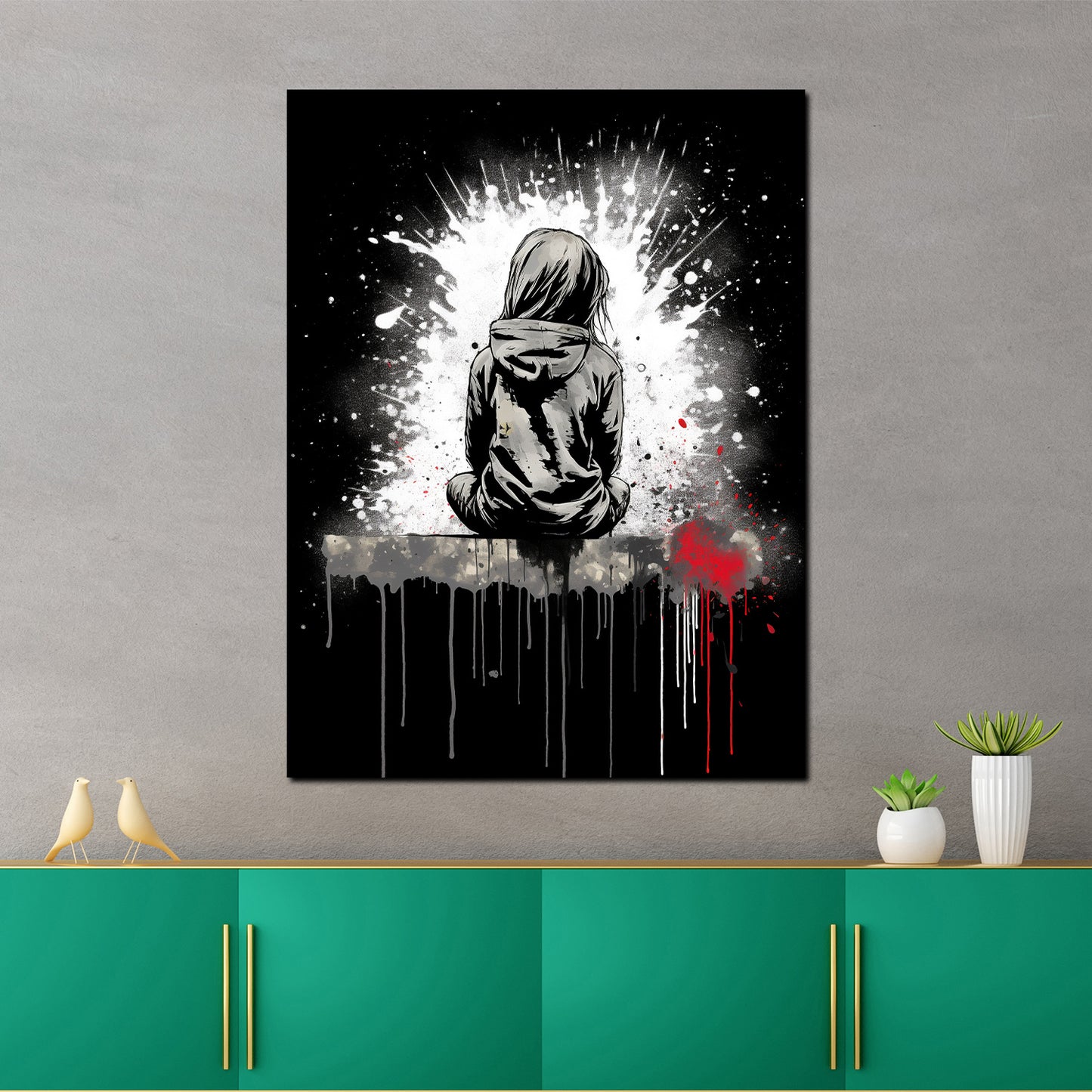 Street Art abstrakt Mädchen sitzend Black Style Wandbild Kunstwerk