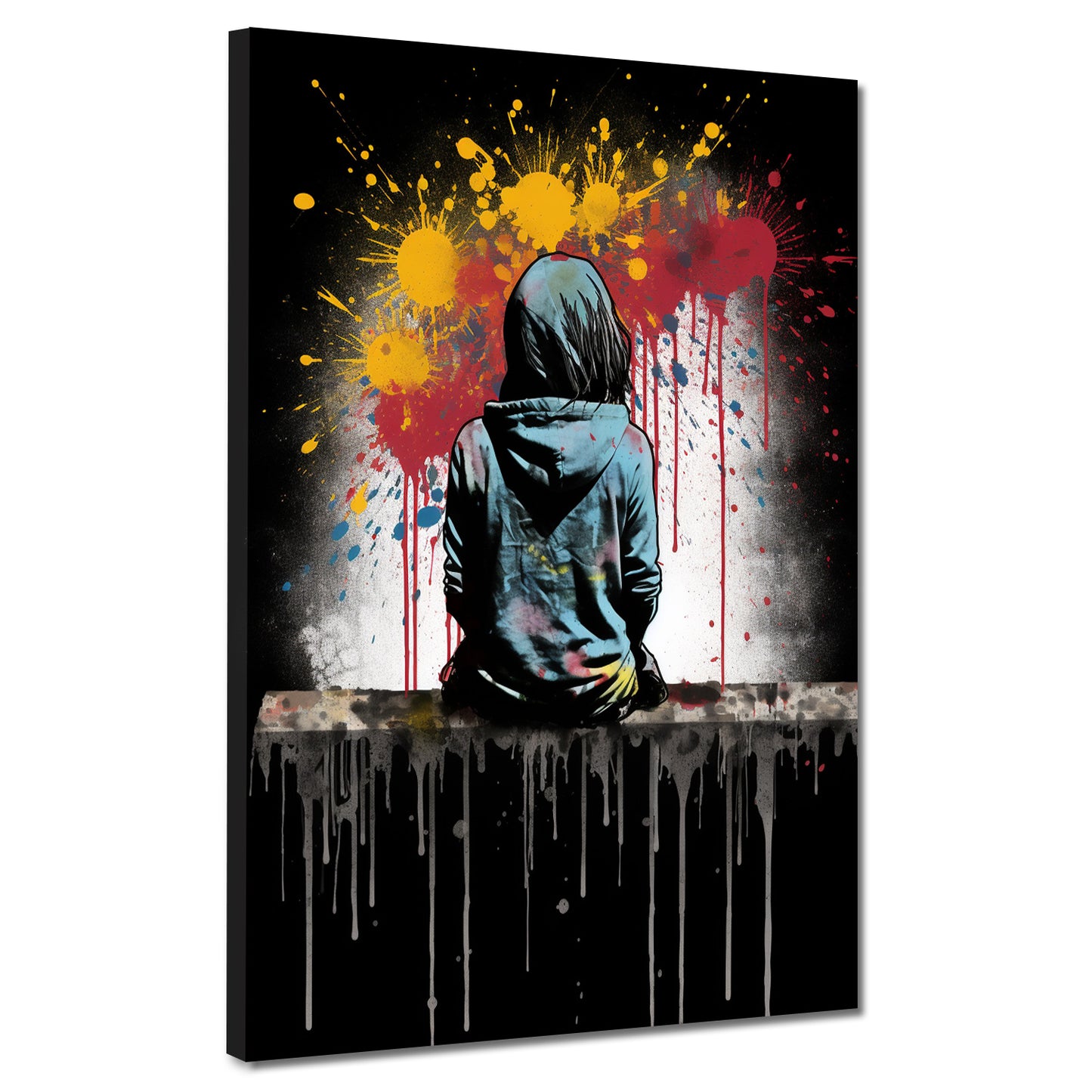 Street Art abstrakt Mädchen sitzend Splash Wandbild Kunstwerk