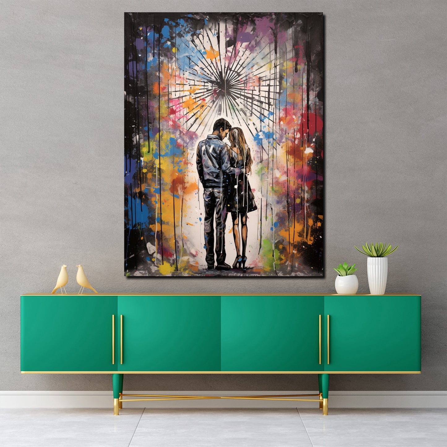 Street Art verliebtes Paar Colour Splash Wandbild Kunstwerk