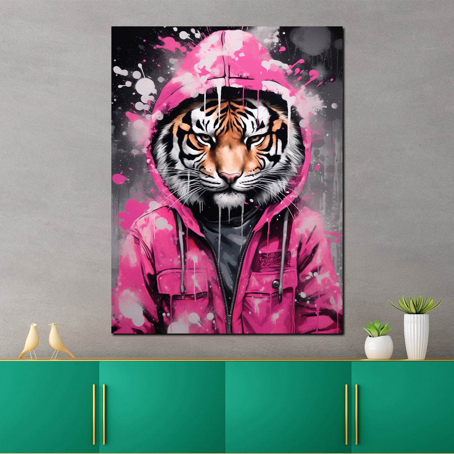 Wandbild Kunstwerk Tiger in pinker Jacke Pop Art
