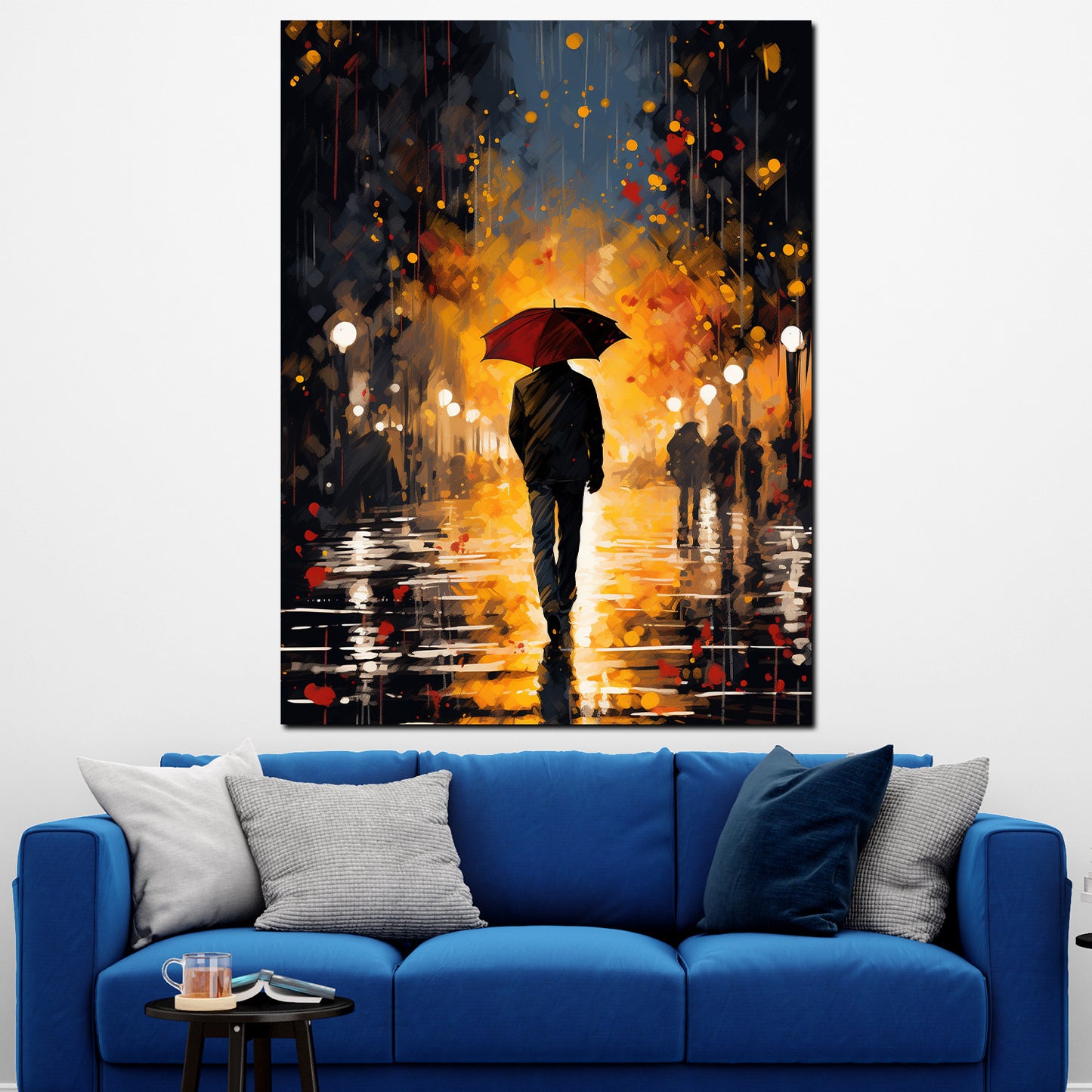Walking Mann am Abend mit Regenschirm modern Wandbild Kunstwerk