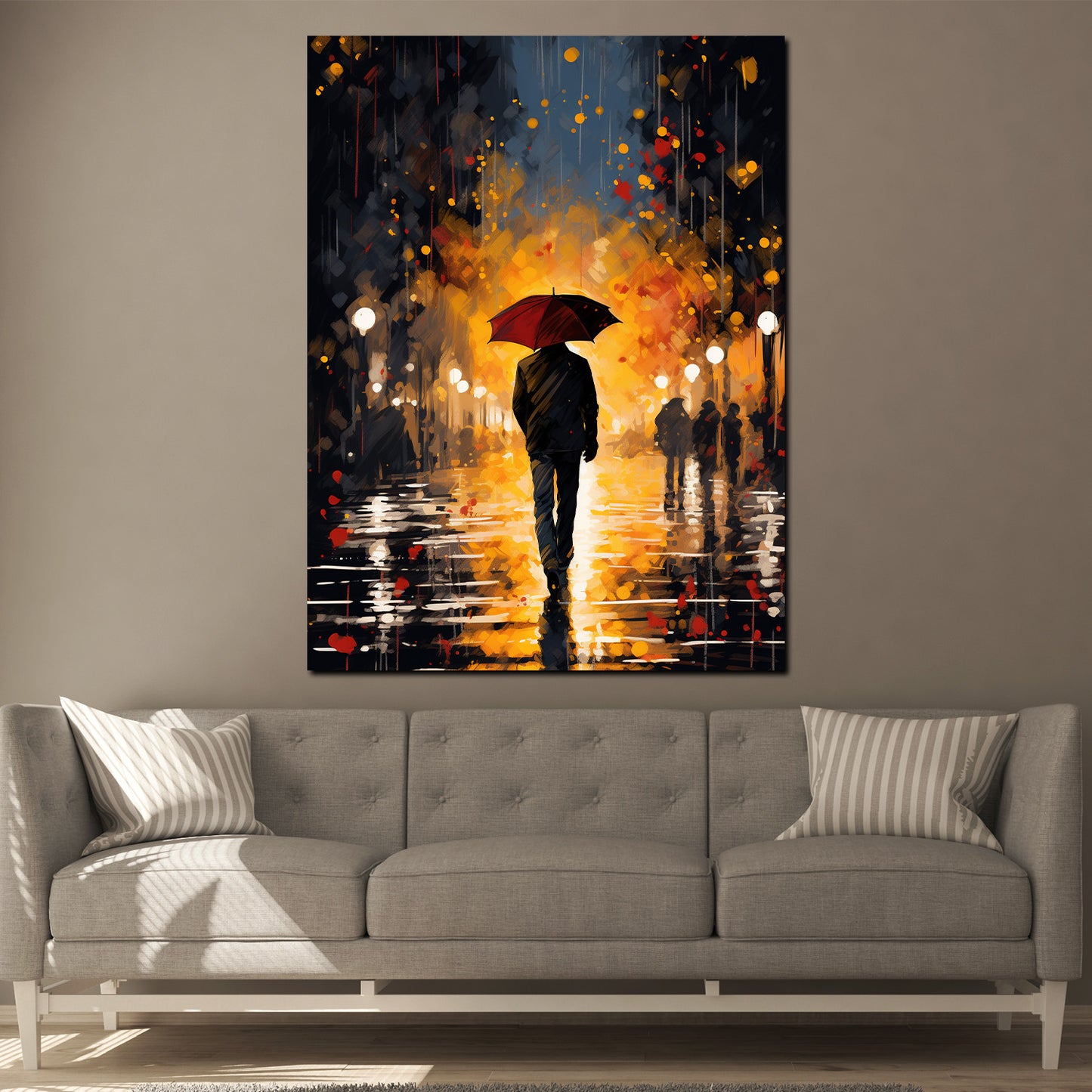 Walking Mann am Abend mit Regenschirm modern Wandbild Kunstwerk