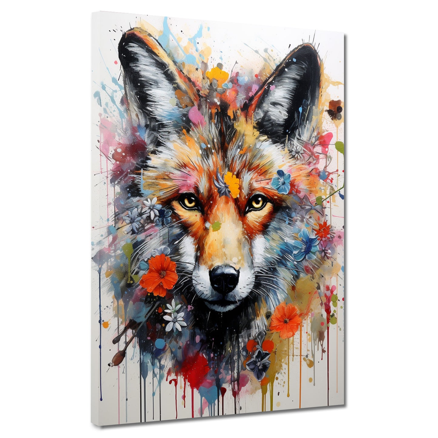 Wolf Pop Art abstrakt mit Blumen Wandbild Kunstwerk