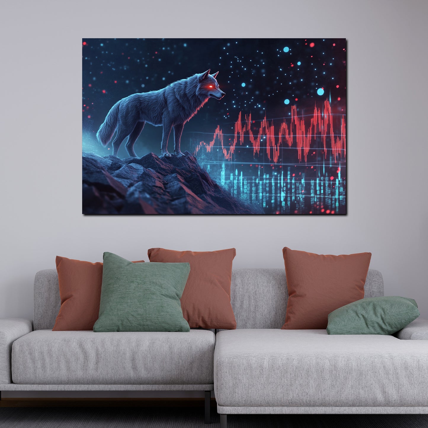 Wandbild Kunstwerk Wolf mit Aktienchart Börse futuristisch