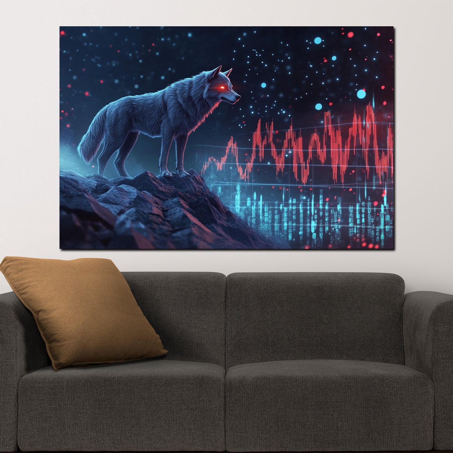 Wandbild Kunstwerk Wolf mit Aktienchart Börse futuristisch