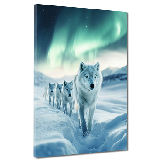 Wandbild Kunstwerk Wolfsrudel im Schnee Polarlicht Wildnis Abenteuer modern