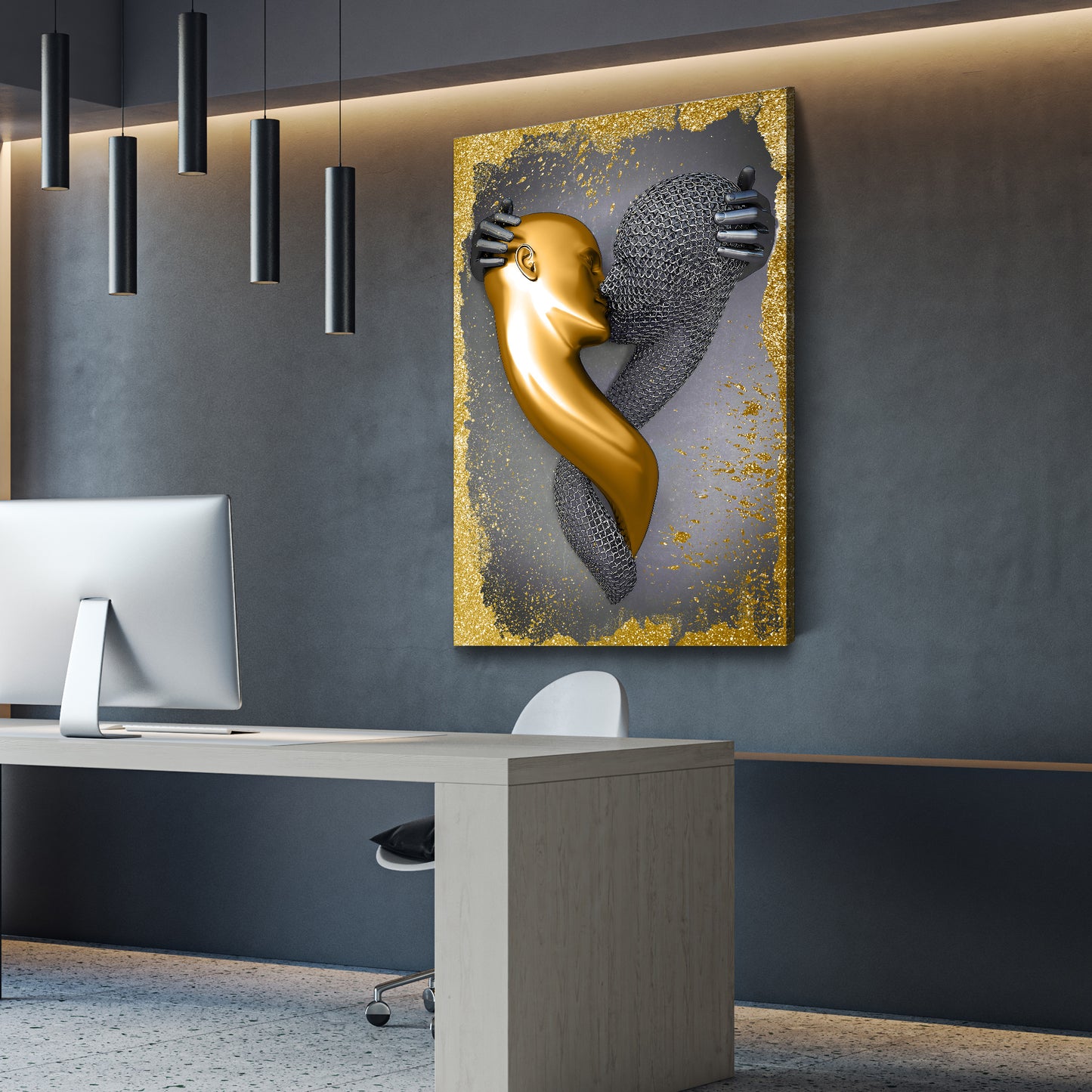 Abstrakt Metallfigur Kiss Metallic Wandkunst Körper Gold Style Wandbild Kunstwerk