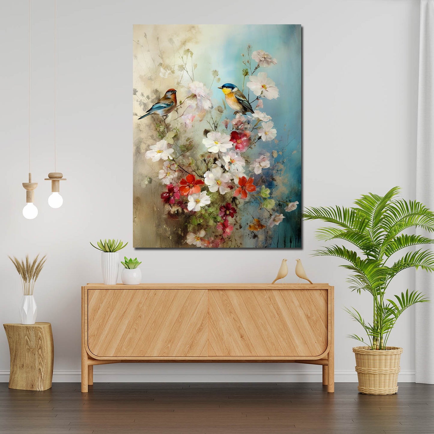 abstrakt Blumen mit Vögel Wandbild Kunstwerk