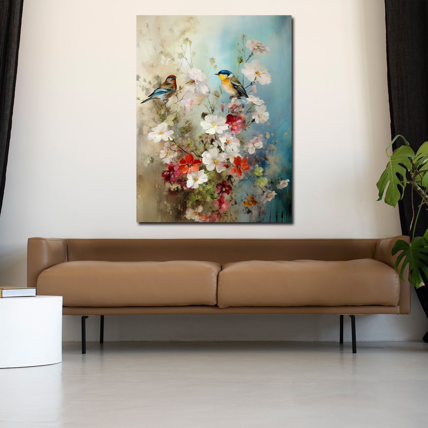 abstrakt Blumen mit Vögel Wandbild Kunstwerk