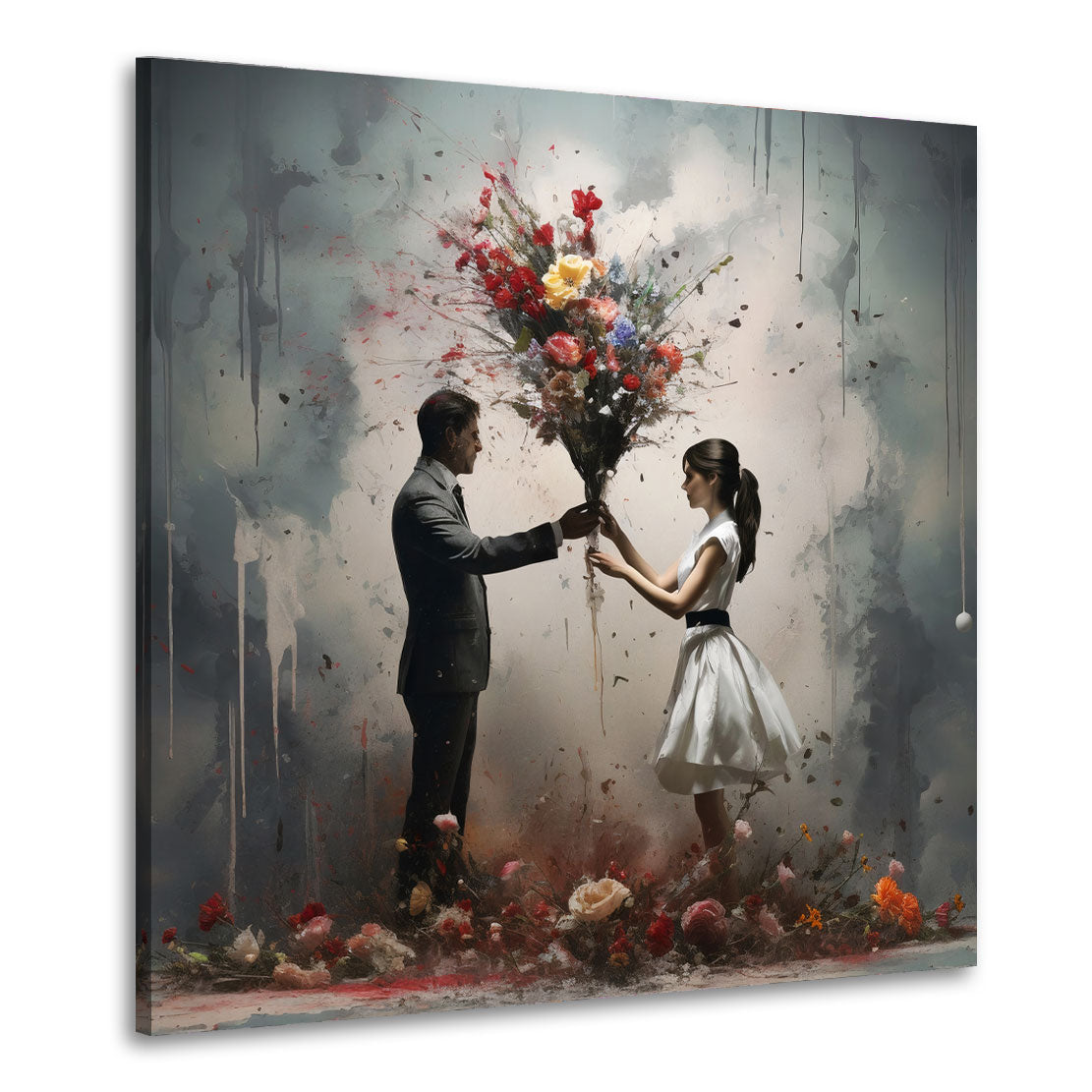 Abstrakt Liebespaar mit vielen bunten Blumen Wandbild Kunstwerk