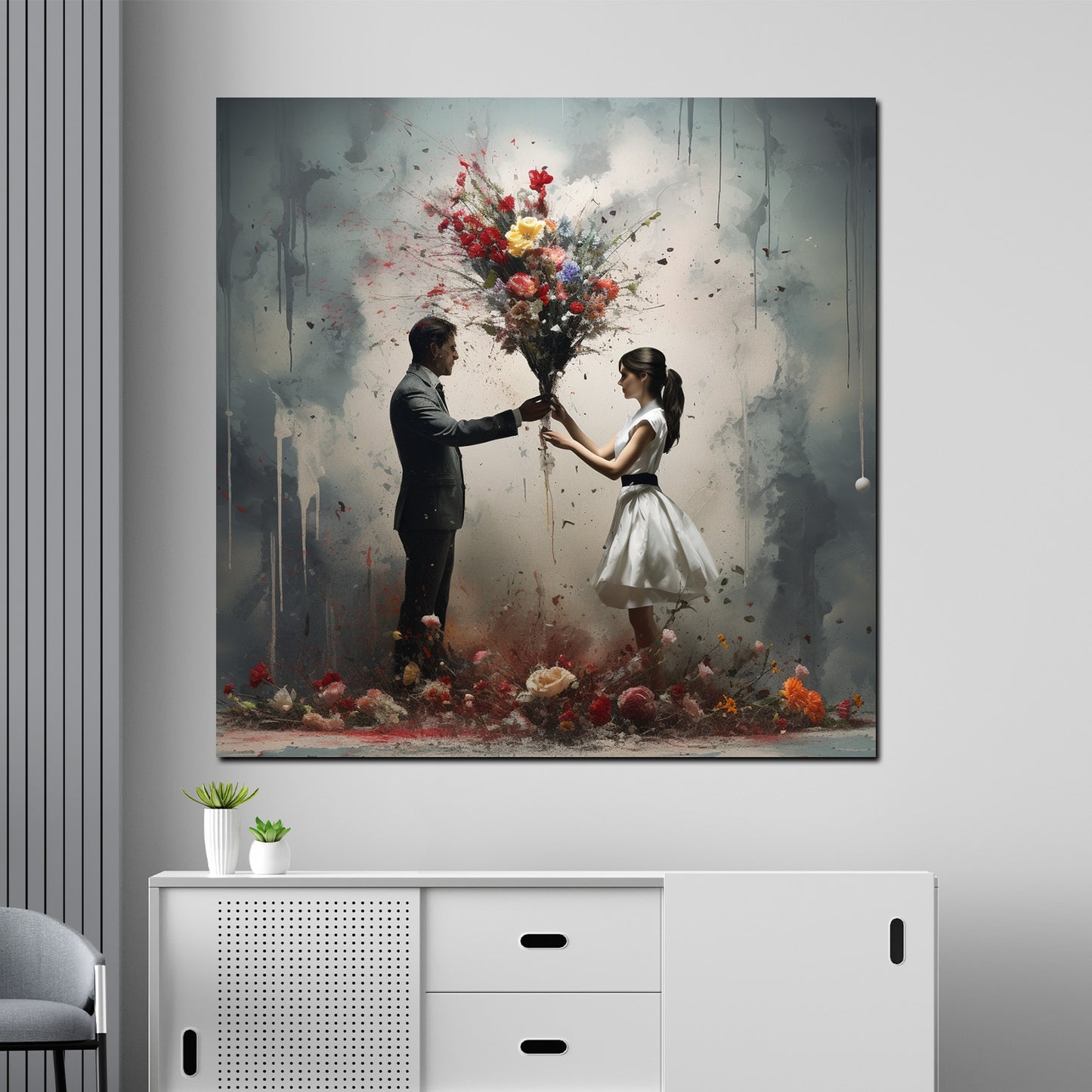 Abstrakt Liebespaar mit vielen bunten Blumen Wandbild Kunstwerk