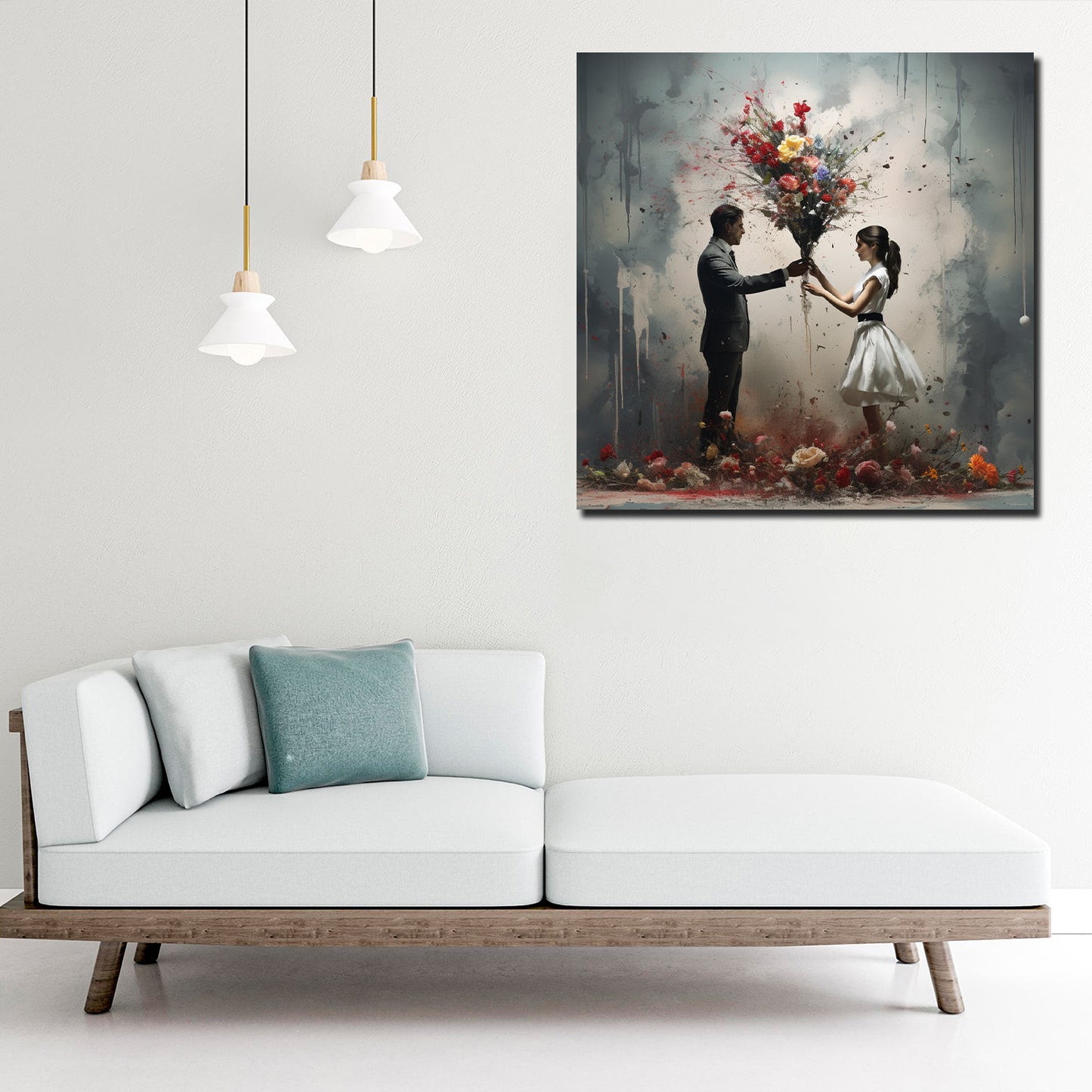 Abstrakt Liebespaar mit vielen bunten Blumen Wandbild Kunstwerk