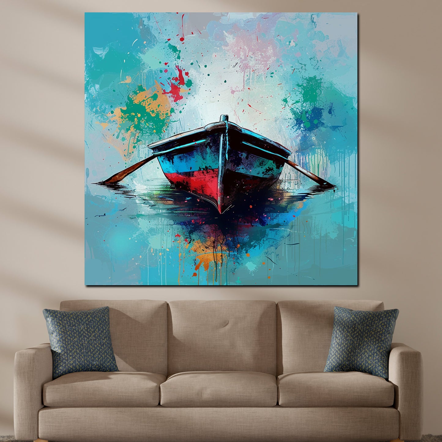 Pop Art abstrakt farbenfrohes Boot im Wasser Wandbild Kunstwerk