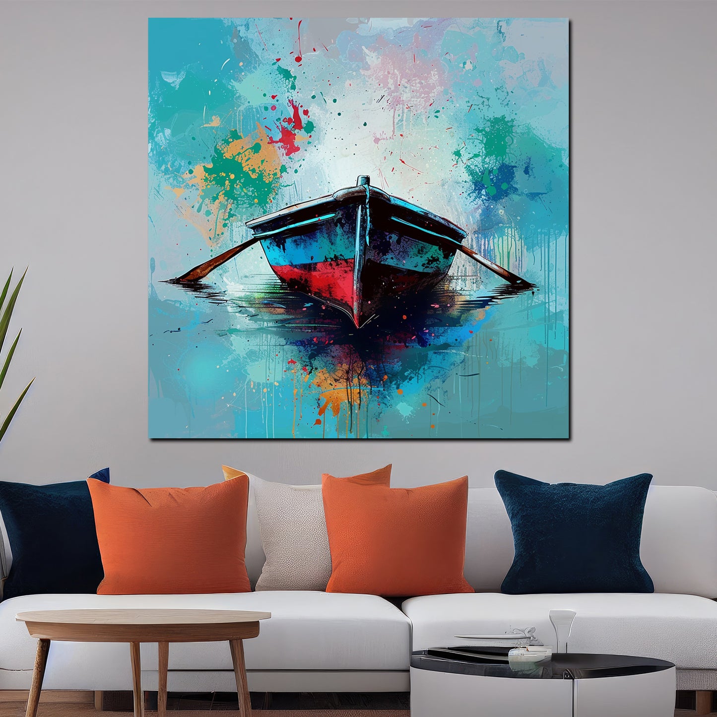 Pop Art abstrakt farbenfrohes Boot im Wasser Wandbild Kunstwerk