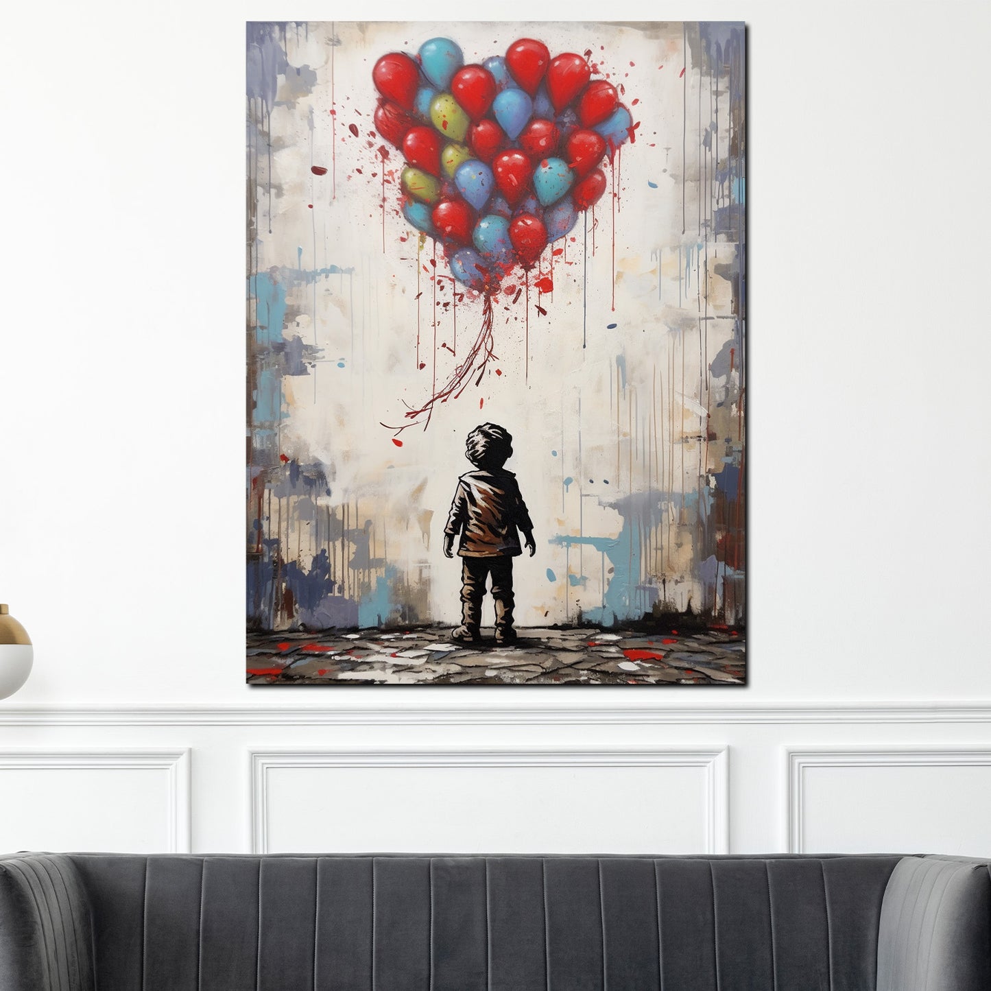 Abstrakt kleiner Junge mit bunten Luftballons Wandbild Kunstwerk