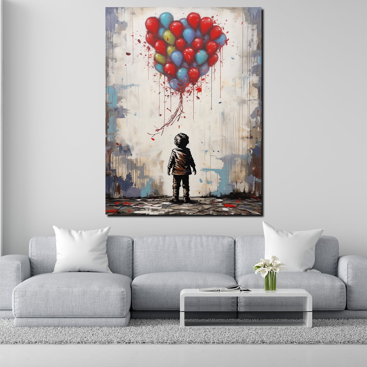 Abstrakt kleiner Junge mit bunten Luftballons Wandbild Kunstwerk