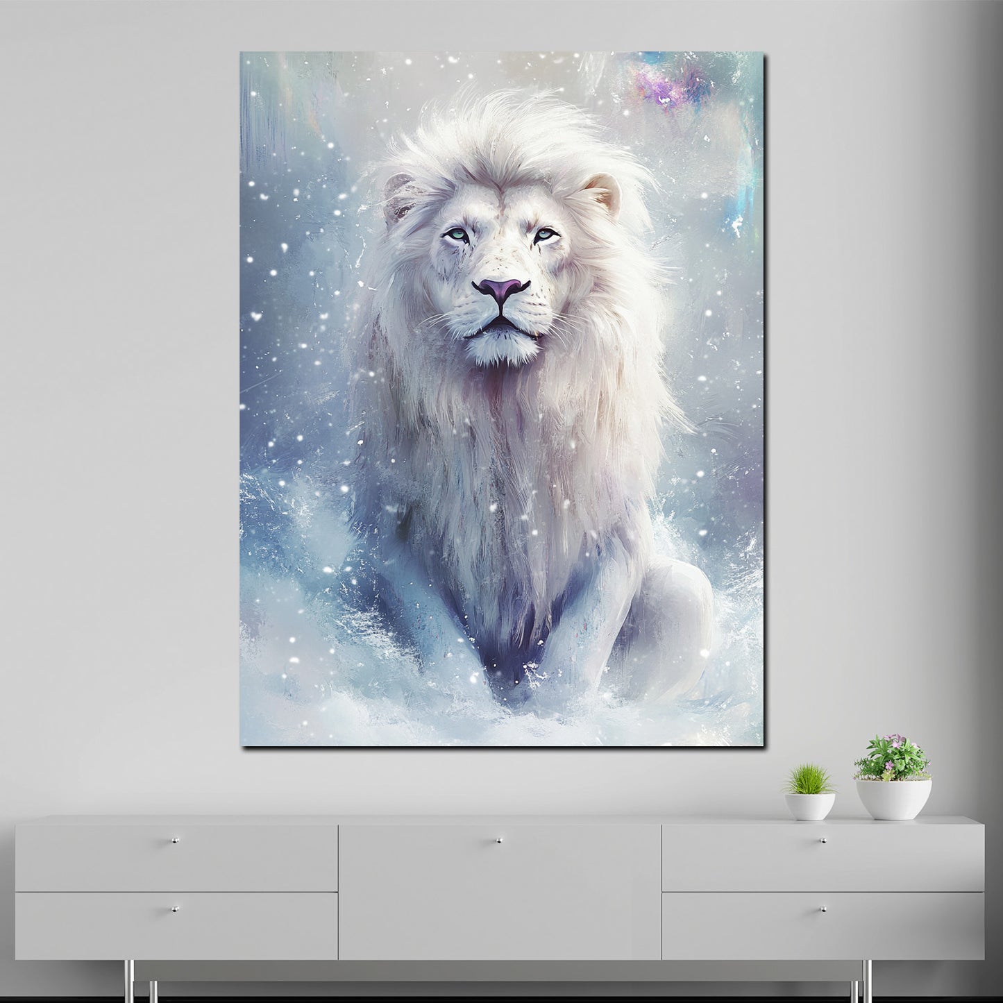 Mystischer Löwe im Schnee Wandbild Kunstwerk