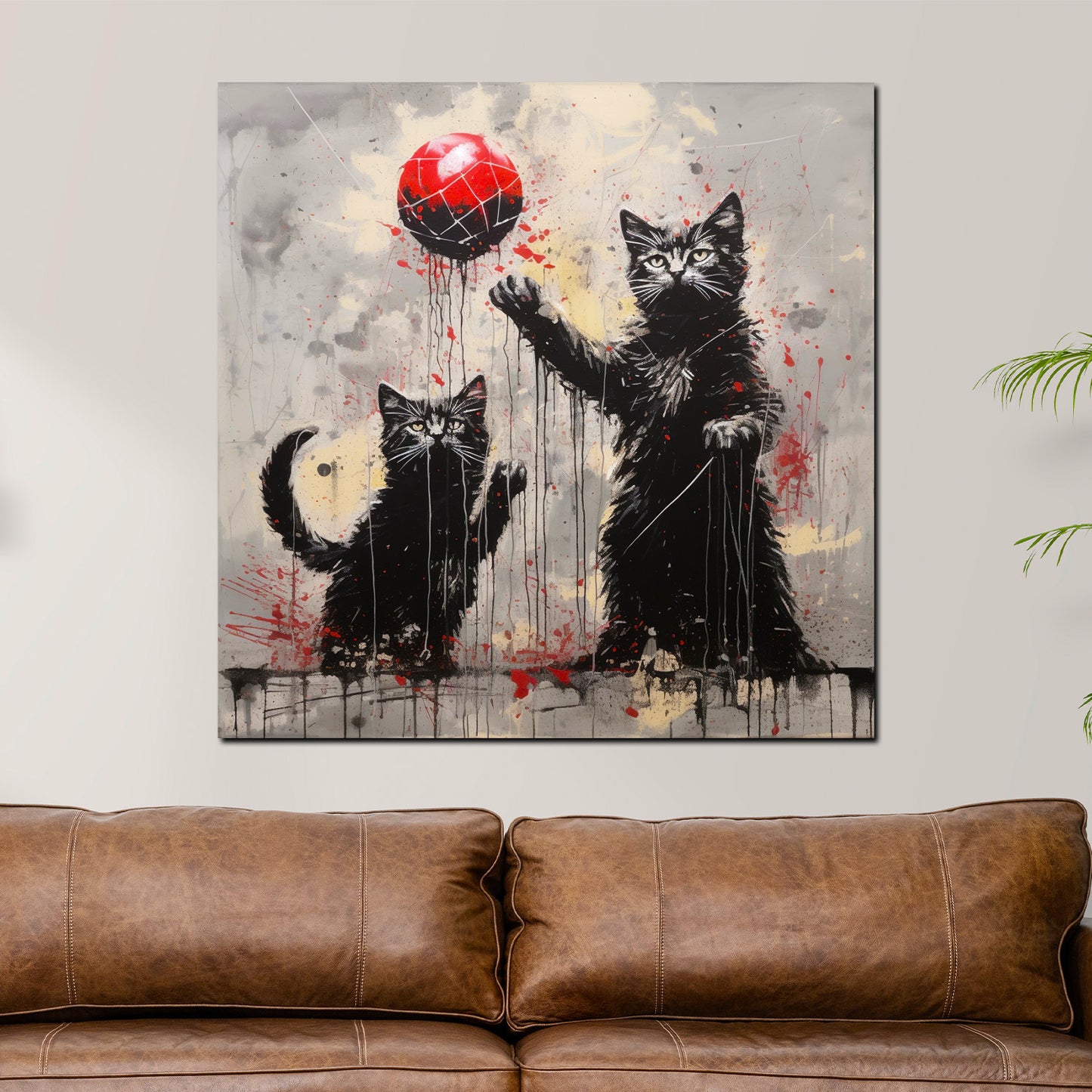 Abstrakt zwei schwarze Katzen spielen mit rotem Ball Wandbild Kunstwerk