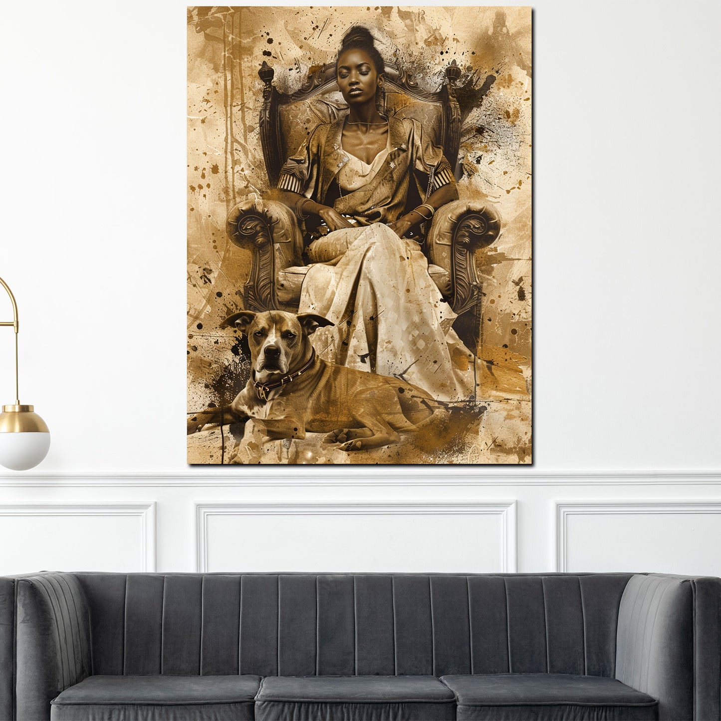 Wandbild Kunstwerk afrikanische Königin mit Hund im Vintage Design