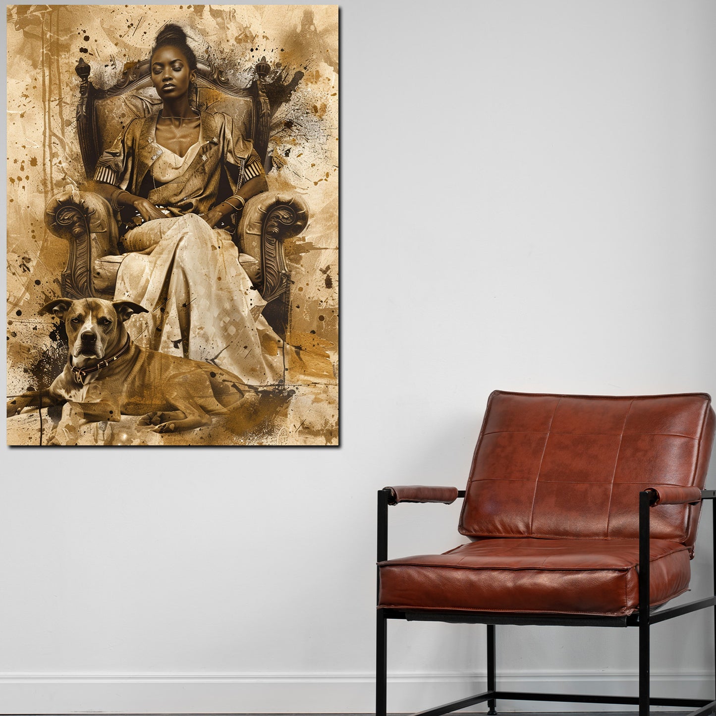 Wandbild Kunstwerk afrikanische Königin mit Hund im Vintage Design