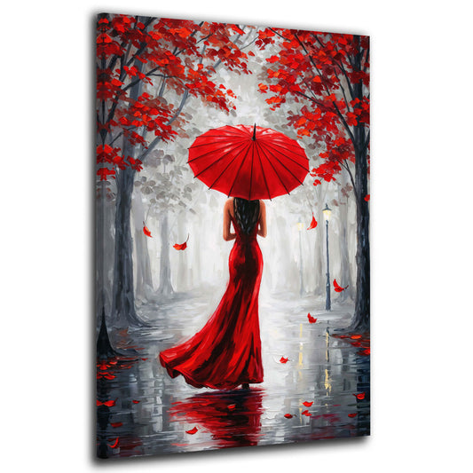 Wandbild Kunstwerk elegante Frau im roten Kleid Regenschirm romantisch modern