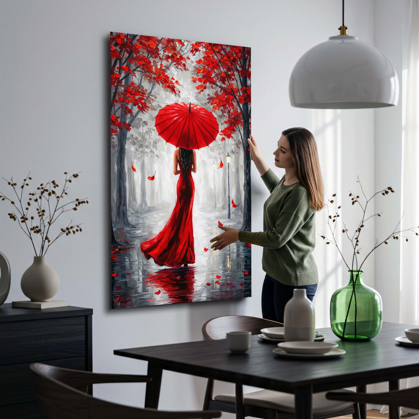 Wandbild Kunstwerk elegante Frau im roten Kleid Regenschirm romantisch modern
